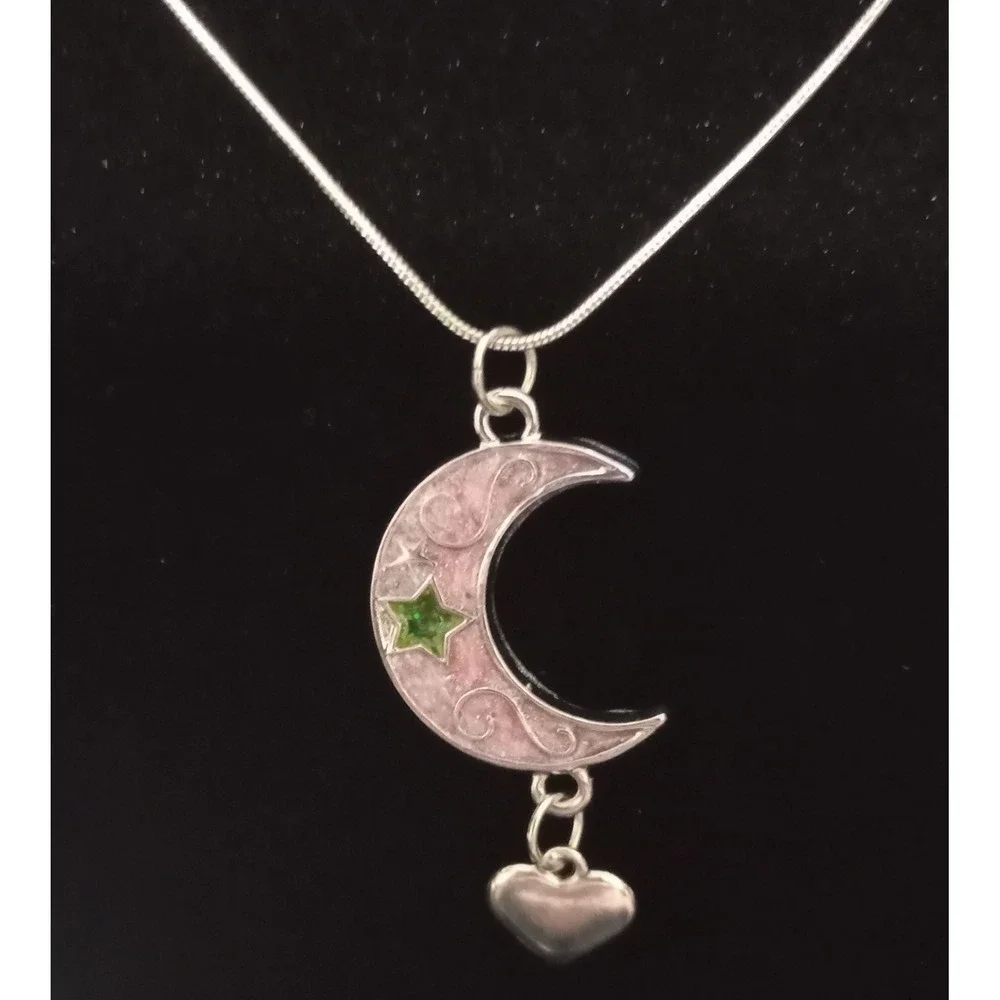 Pearlescent Pink‎ Crescent Moon Pendant With Heart Charm On 18